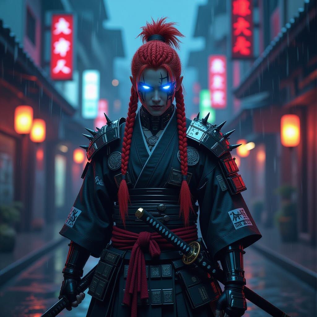 Cyberpunk Samurai Warrior in Neon Dojo