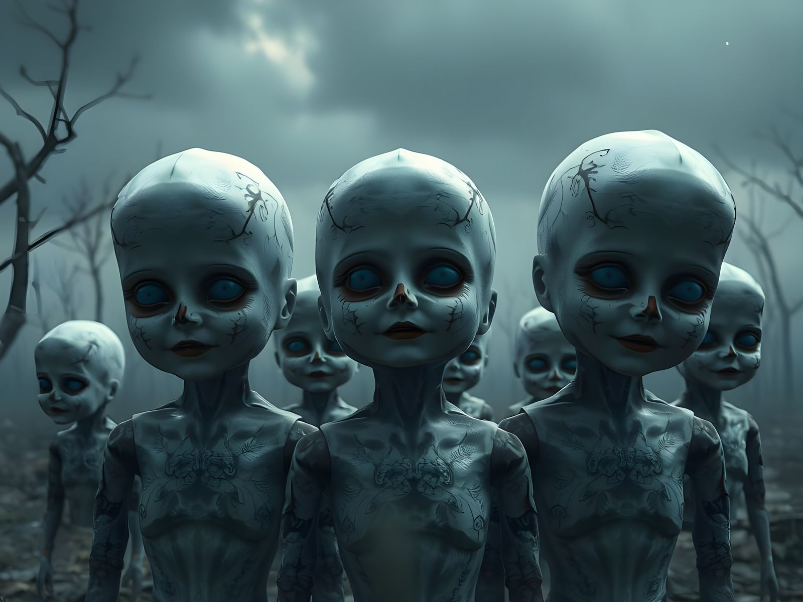 Ominous Eyeless Doll Faces in Dystopian Surrealism