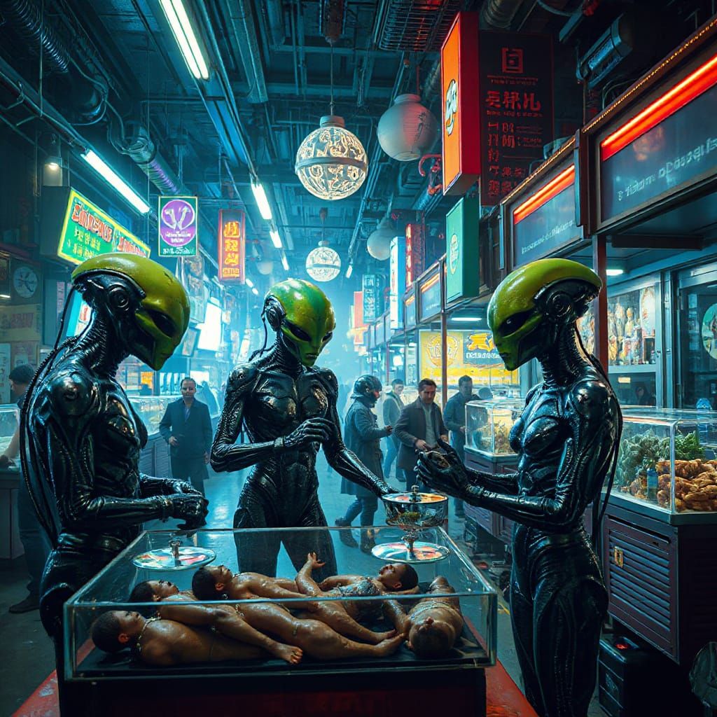 Intergalactic Marketplace with Futuristic Aliens in Sci-Fi S...