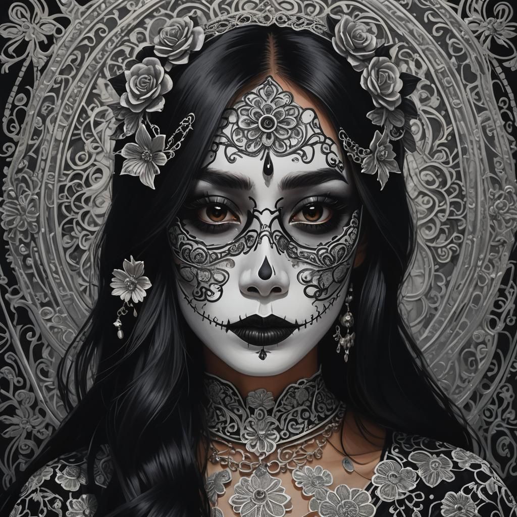 Vietnamese Woman in Catrina Costume, Art Nouveau Style