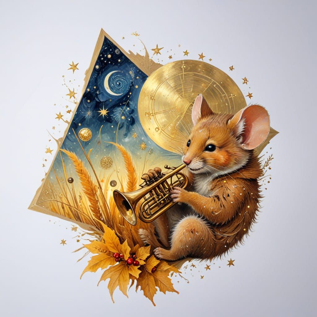 Whimsical Gouache Painting of a Dormouse Astronomer