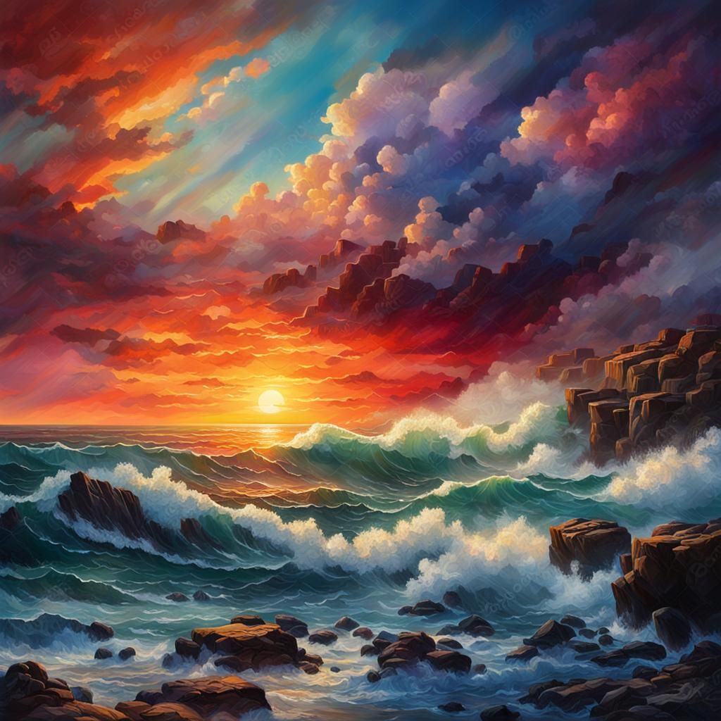 Vibrant Ocean Sunset in Romantic Oil Painting Style