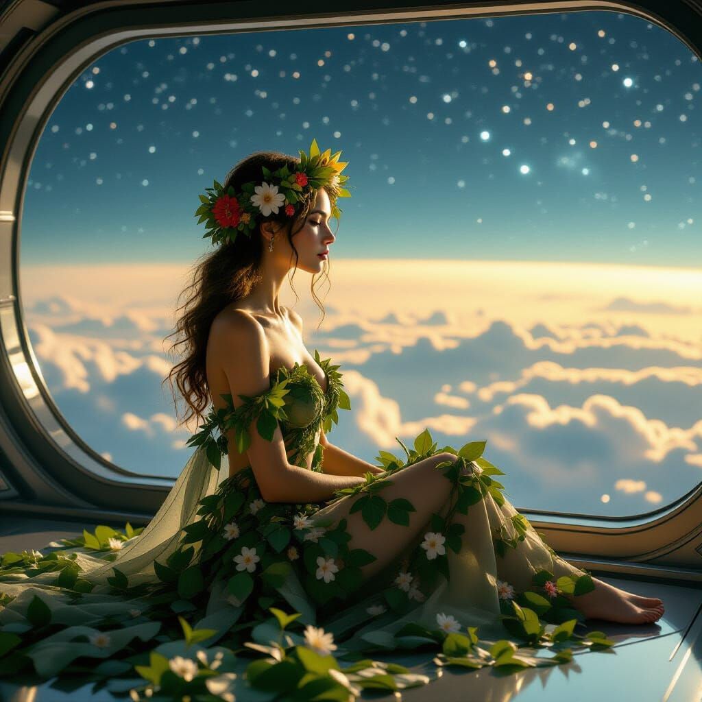 Woman in Leaf Garment on Starship Balcony