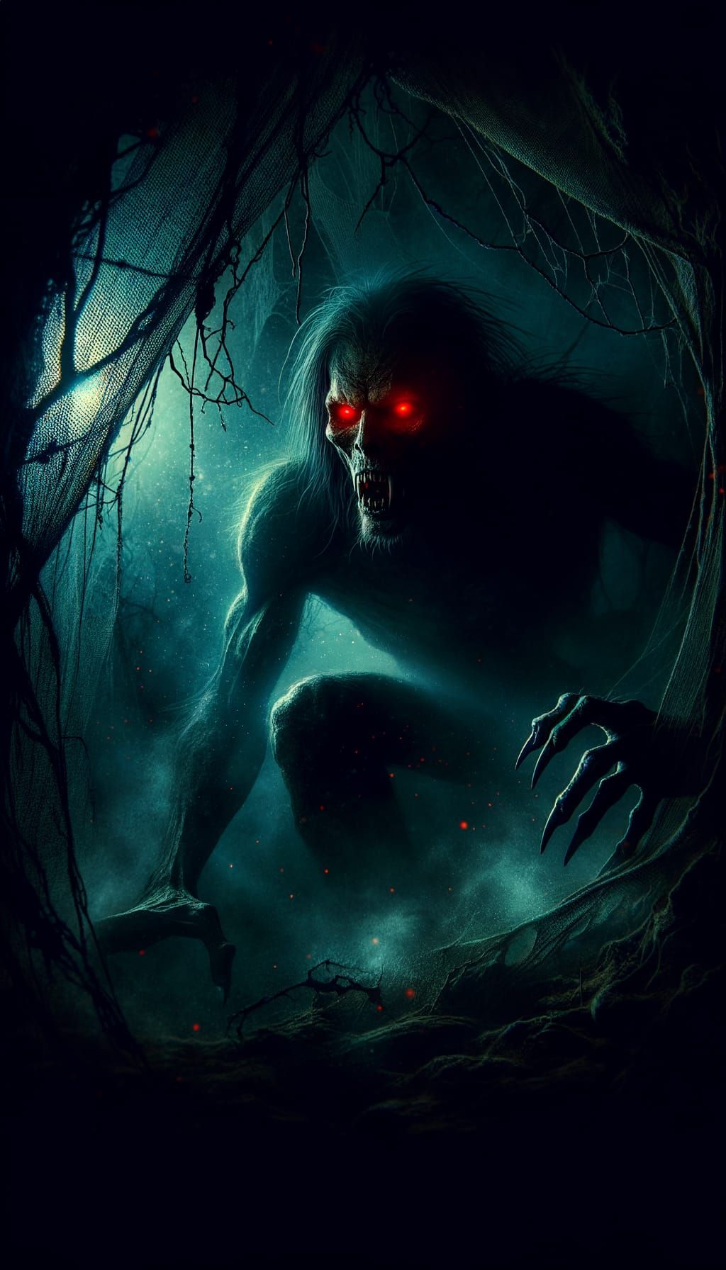 Eerie Gangrel Vampire in Shadows with Glowing Red Eyes