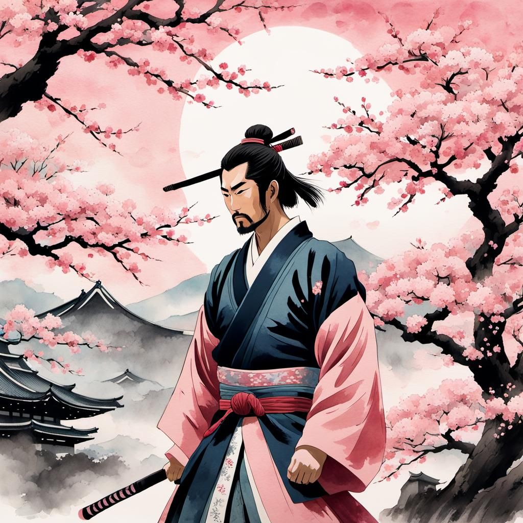 Samurai in Sakura Garden: Ukiyo-e Style
