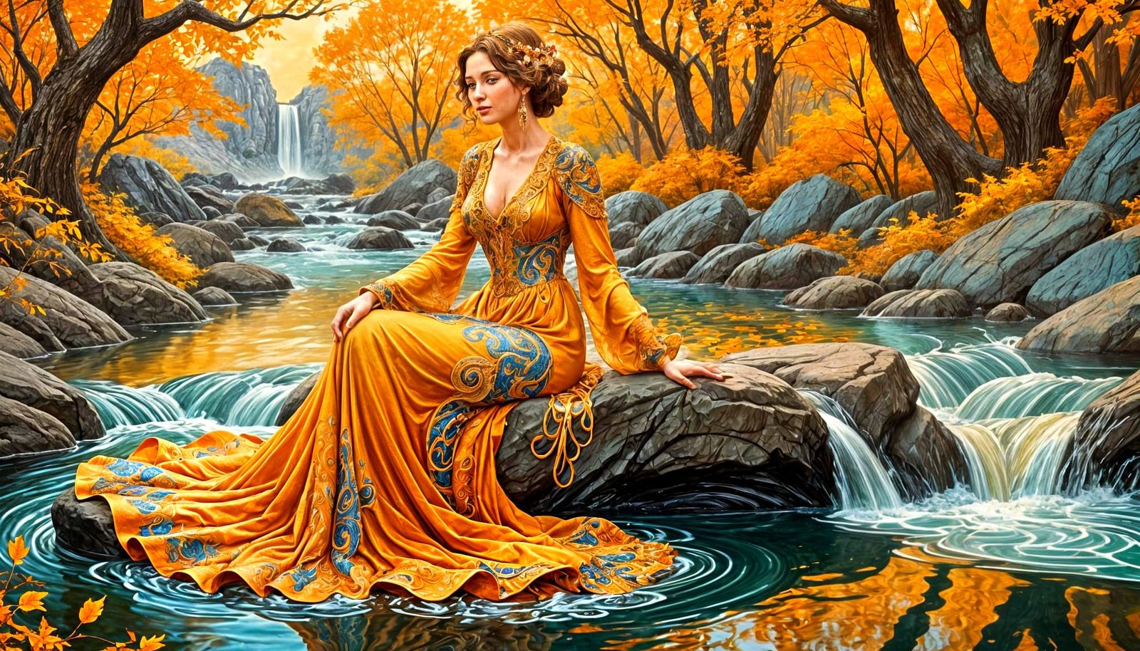 Woman in Art Nouveau Gown Amidst Whimsical Autumn Scene