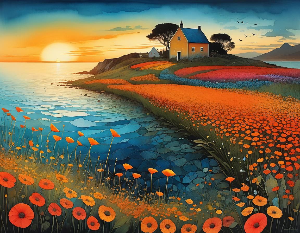Surreal Seaside Flower Field Painting