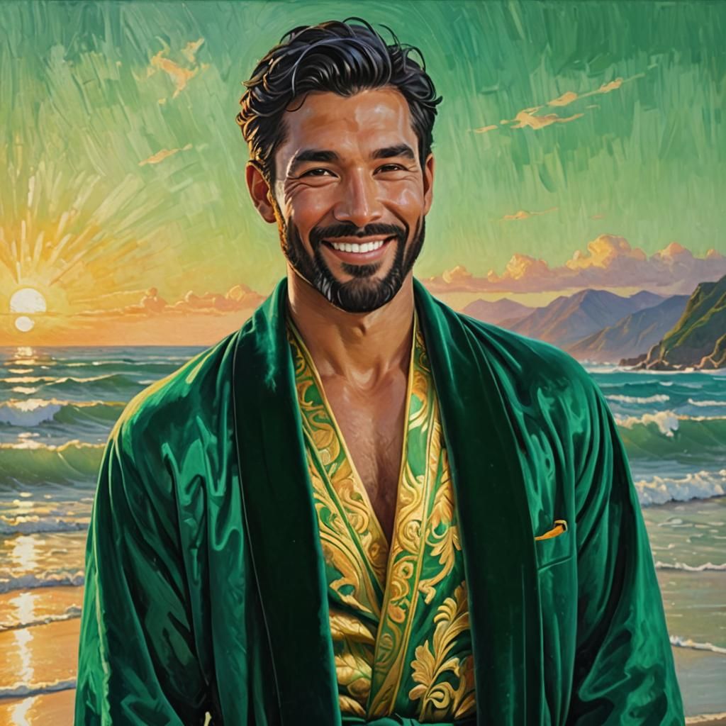 Peruvian Man in Emerald Robe at Sunrise