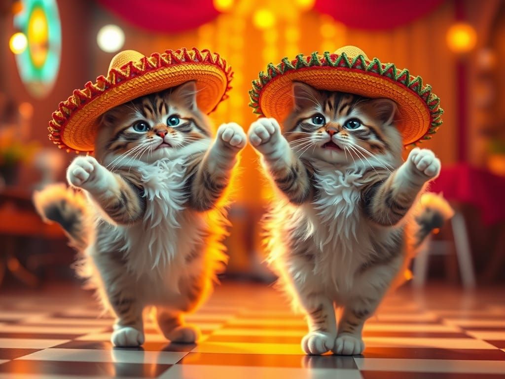 Fluffy Cats in Sombreros Dancing Photorealistically