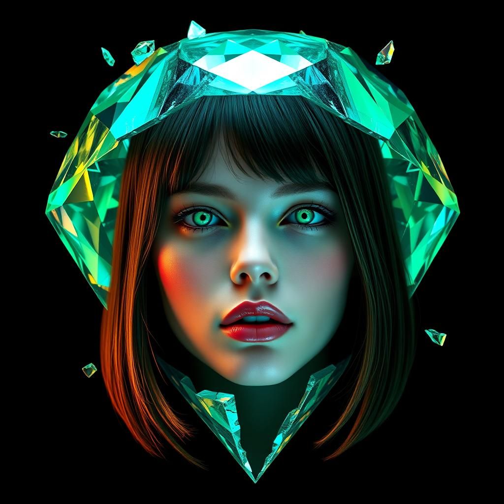 Woman Emerges from Diamond with Neon Eyes: Concept Art