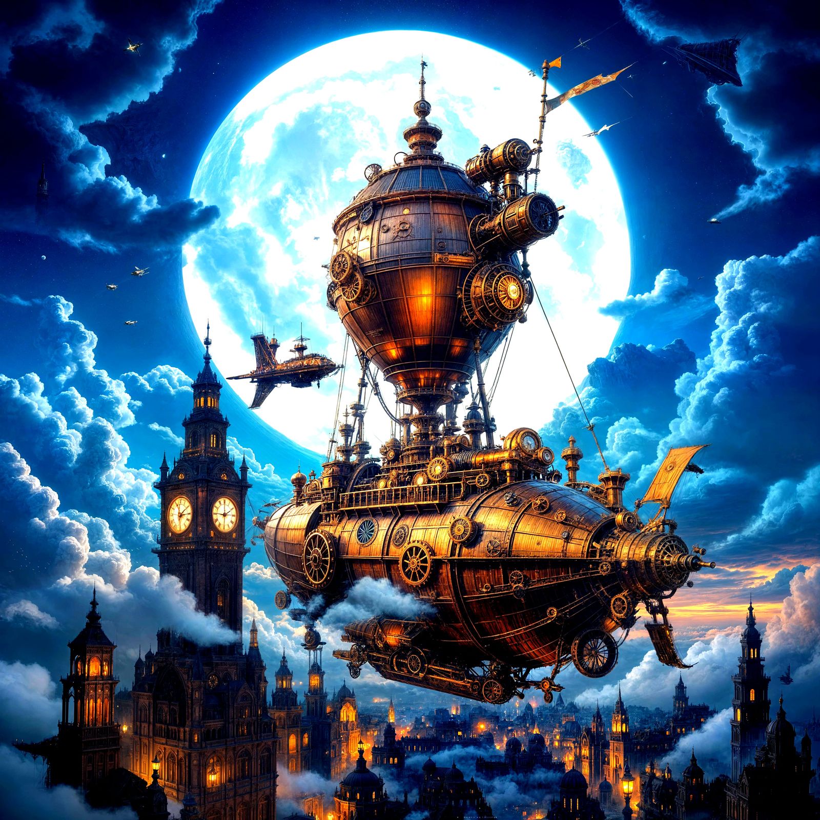 Steampunk Airship Soaring Through Cloudy Sky