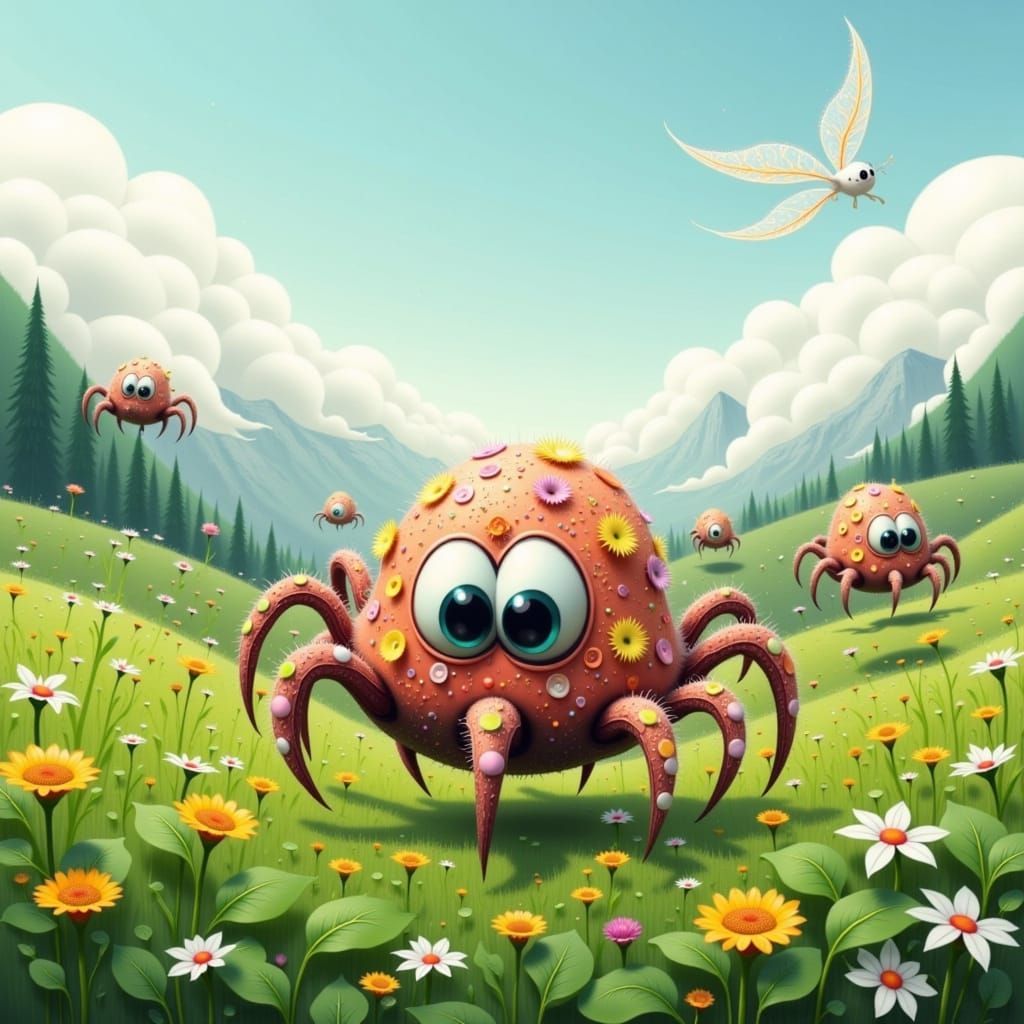Whimsical Spider-Octopi Play in a Vibrant New Zealand Meadow