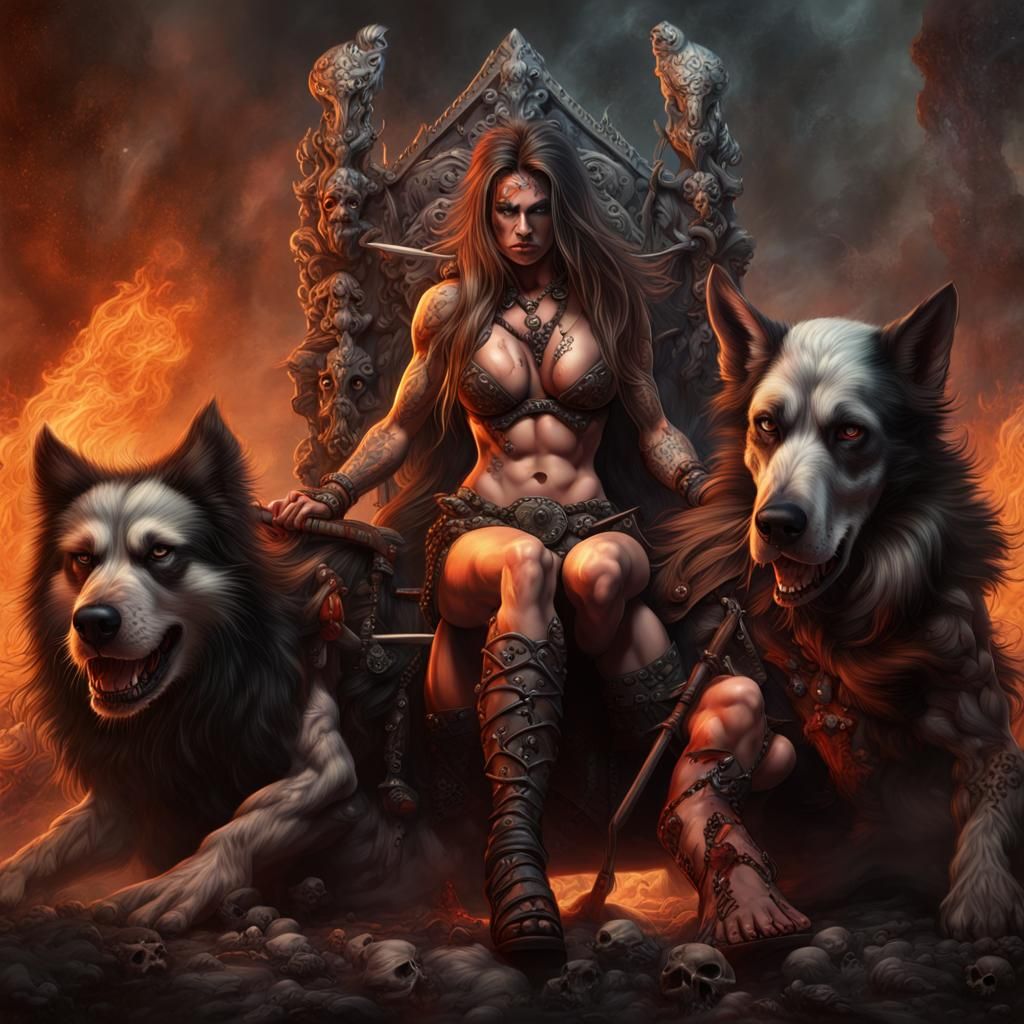 Fierce Barbarian Queen with Battle Dogs, Fantasy Art