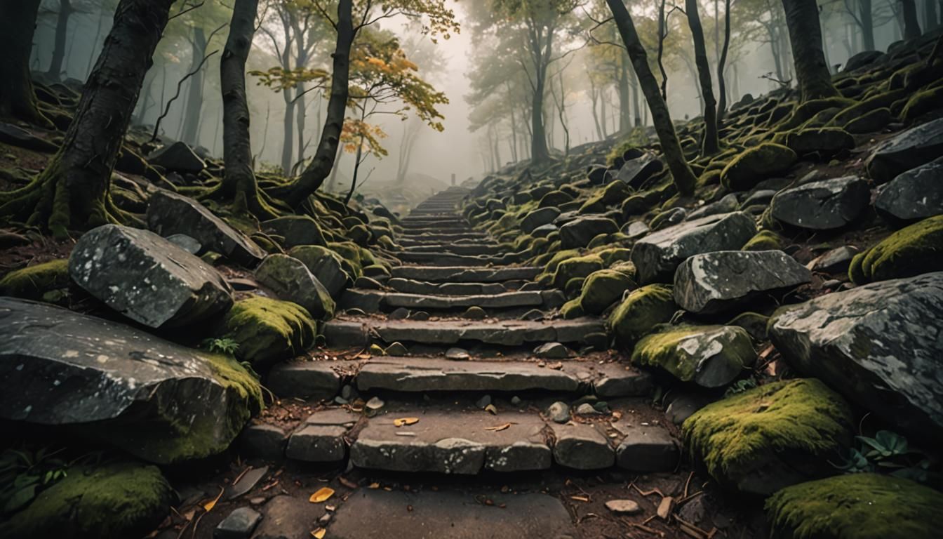 Mysterious Stone Steps in Misty Mountain Landscape
