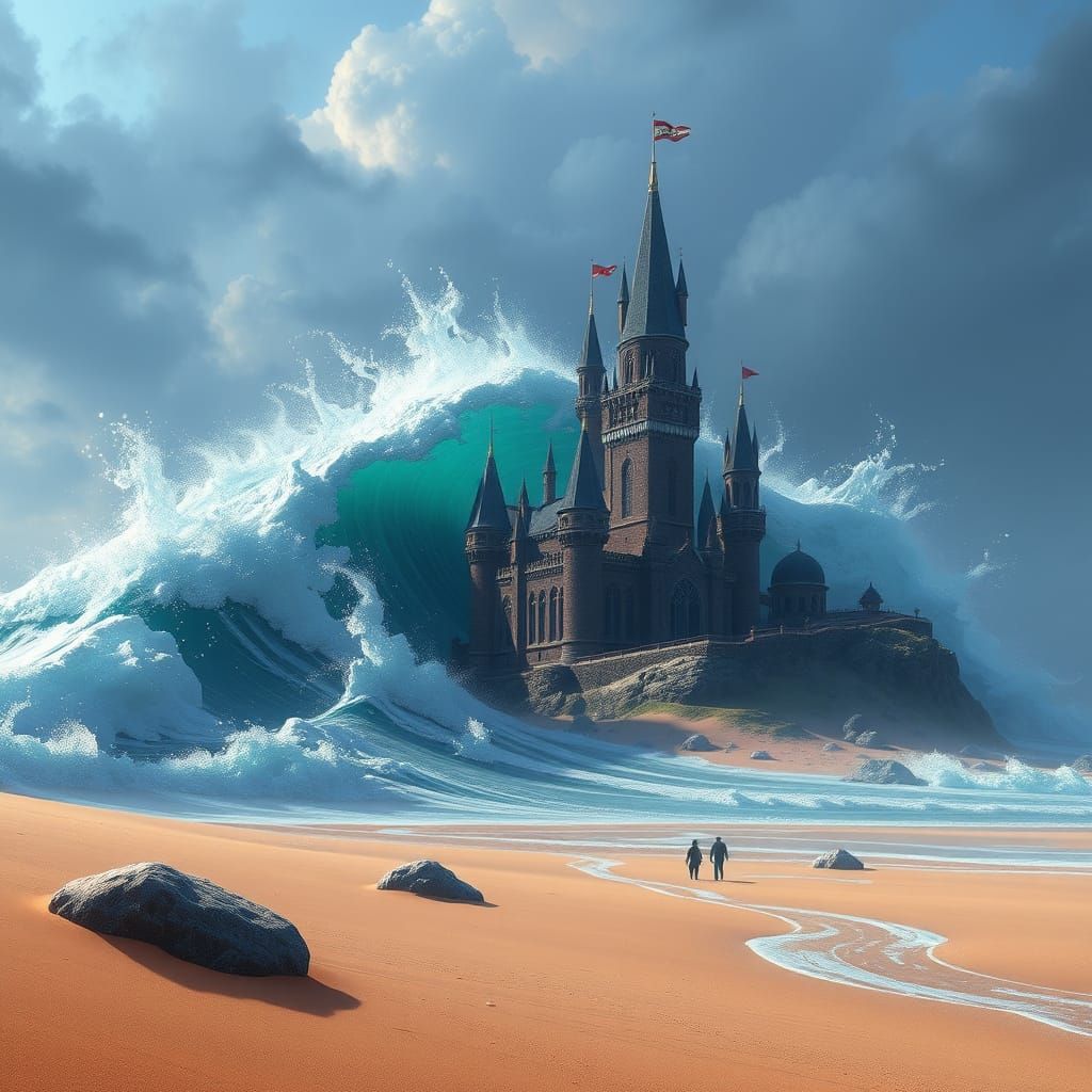 Wave Covers Sandcastle: Detailed Matte Painting
