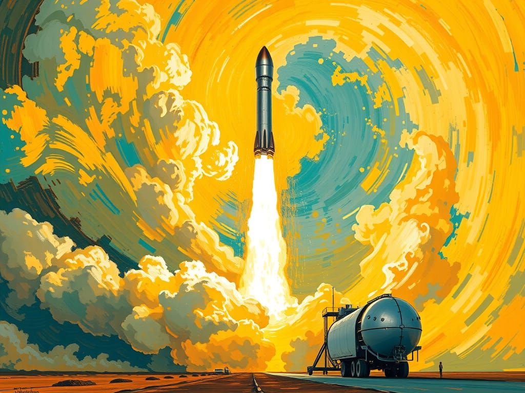Space X Starship Blasts Off in Vibrant Impressionist Masterp...