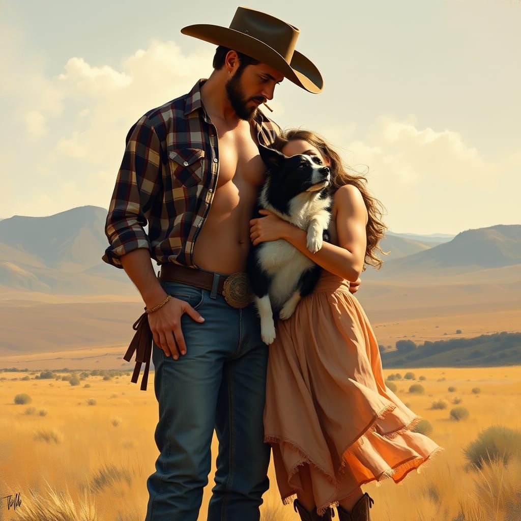Rugged Cowboy Family in Sunset Landscape