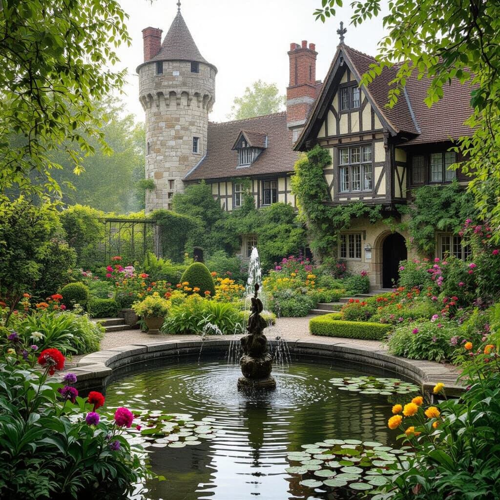 Mystical Medieval Castle Garden in Romantic Style