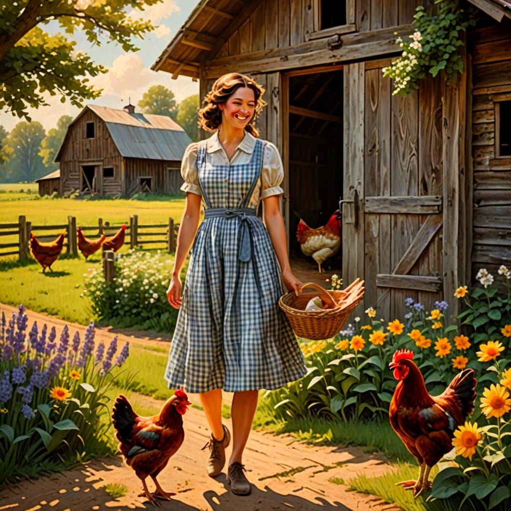Gingham Farm Girl with Chicken in Retro Summer Setting