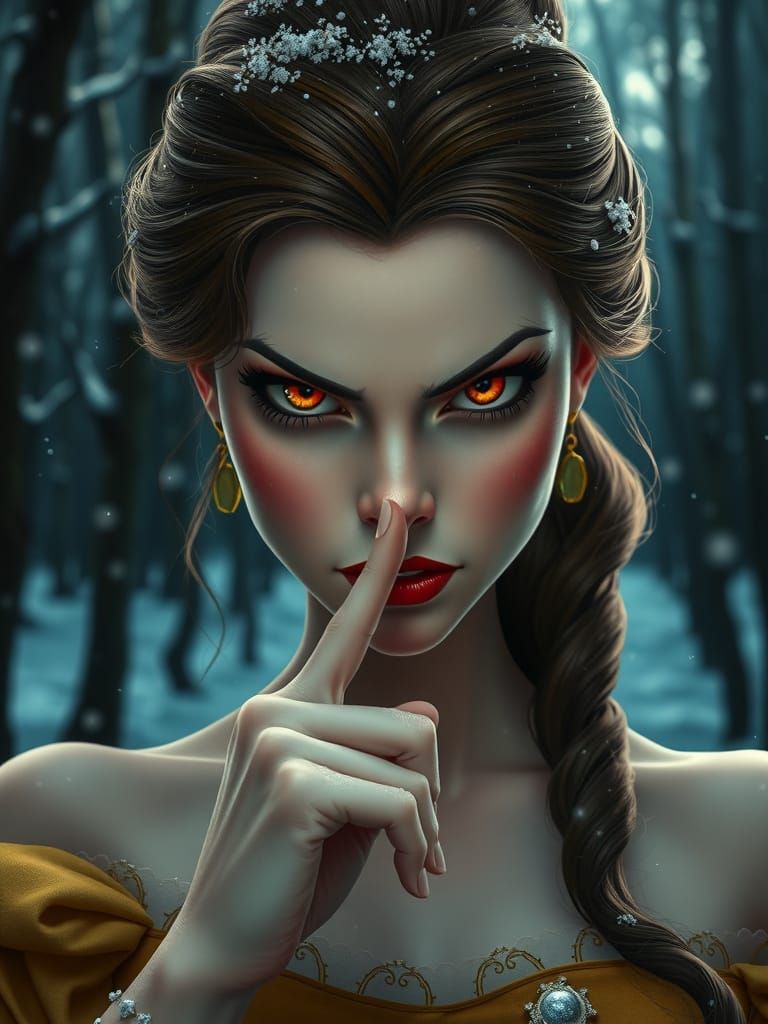 Evil Belle with Piercing Orange Eyes in Winter Forest