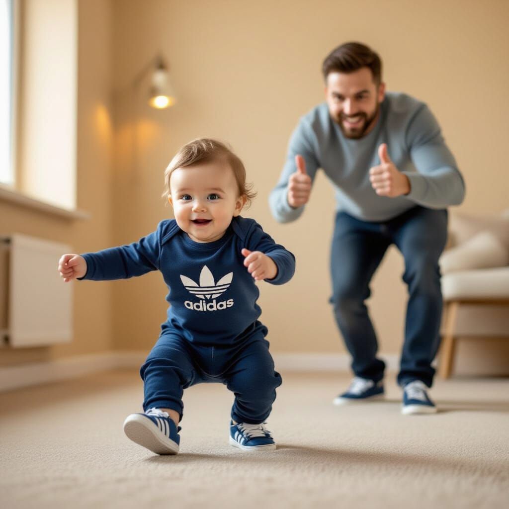 Baby Boy's First Steps Supported by Encouraging Father