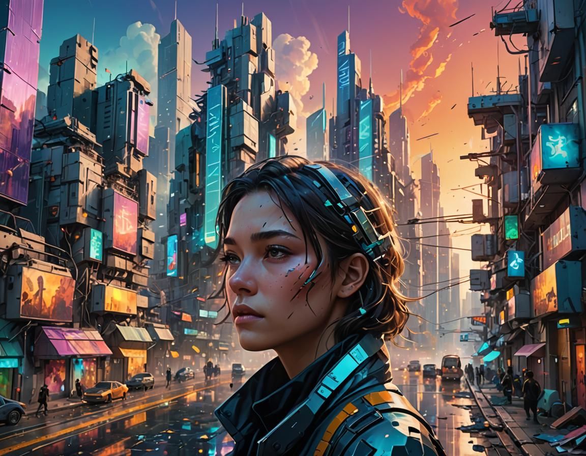 Futuristic City at Dawn in Hyperrealistic Splash Art
