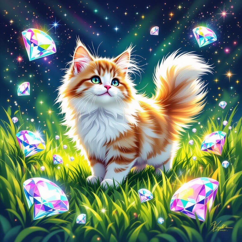 Fluffy Cat Amidst Prismatic Diamonds Holographic Illustratio...