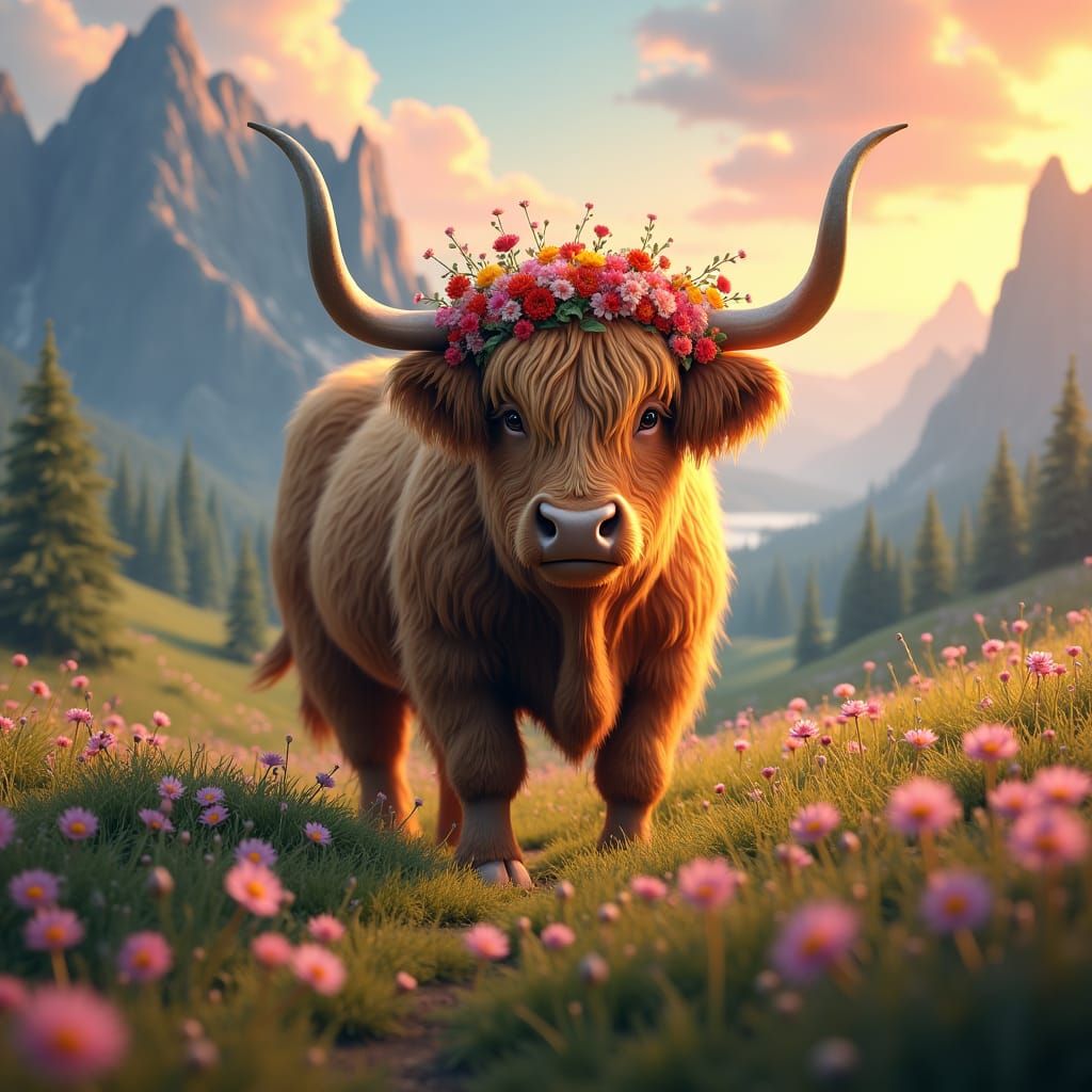 Highland Cow in Floral Crown in Whimsical Meadow