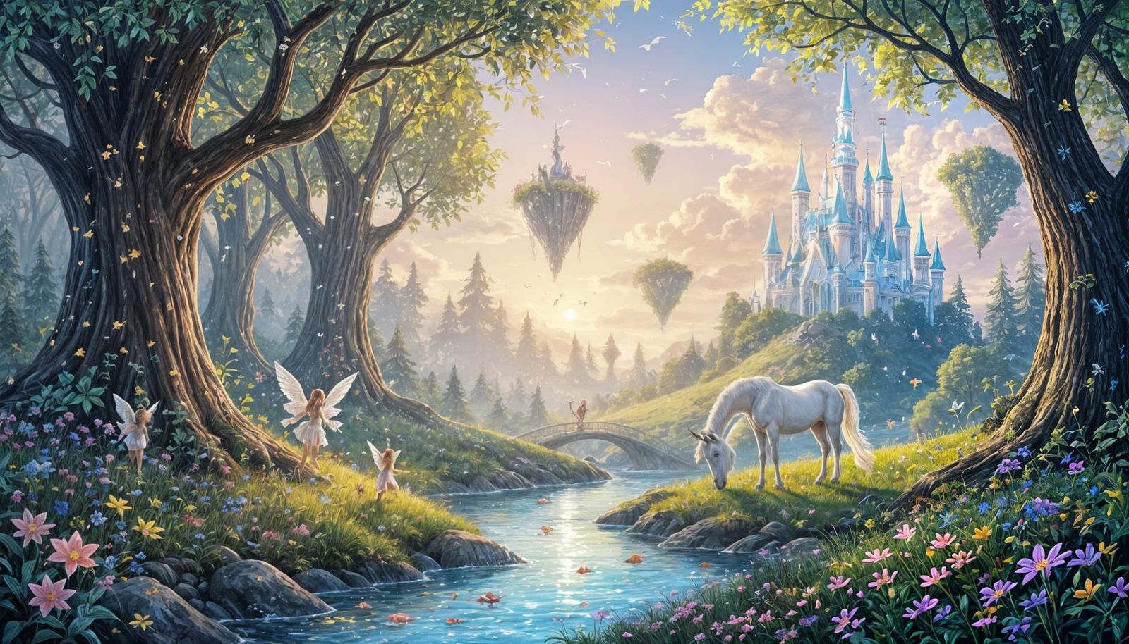 Enchanted Forest with Magical Creatures and Crystal Castle