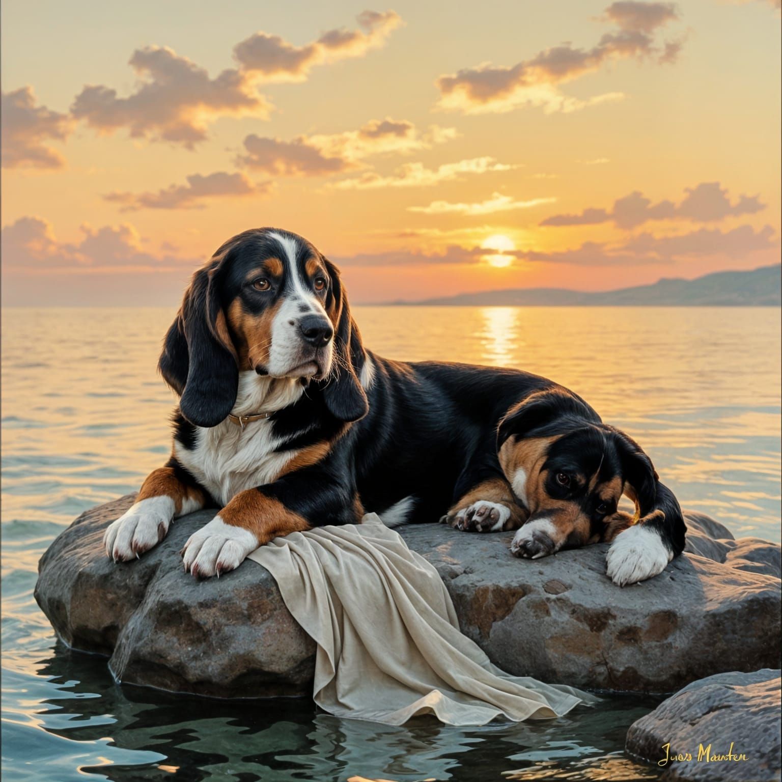 Basset Hound Lounging on Rock in Ethereal Golden Hour Light