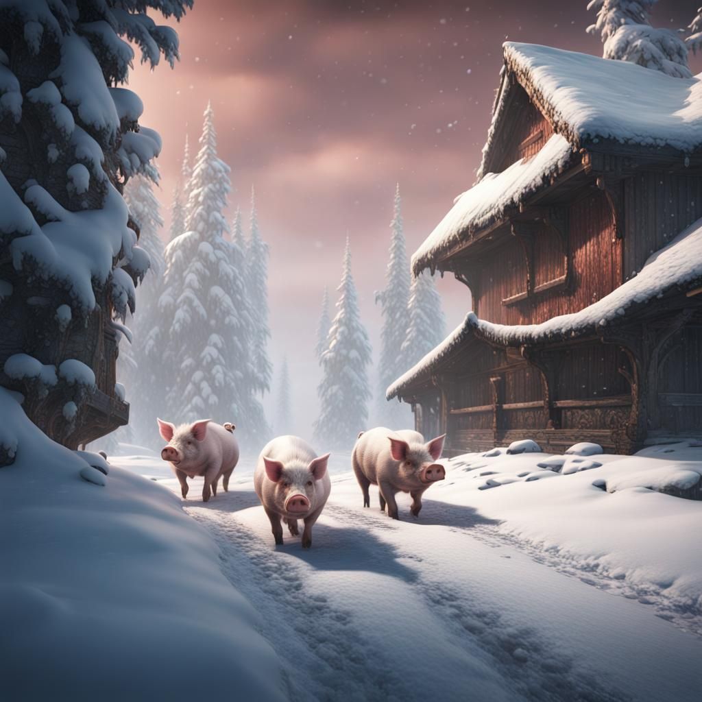 Pigs Walking Through Heavy Snow in Matte Painting