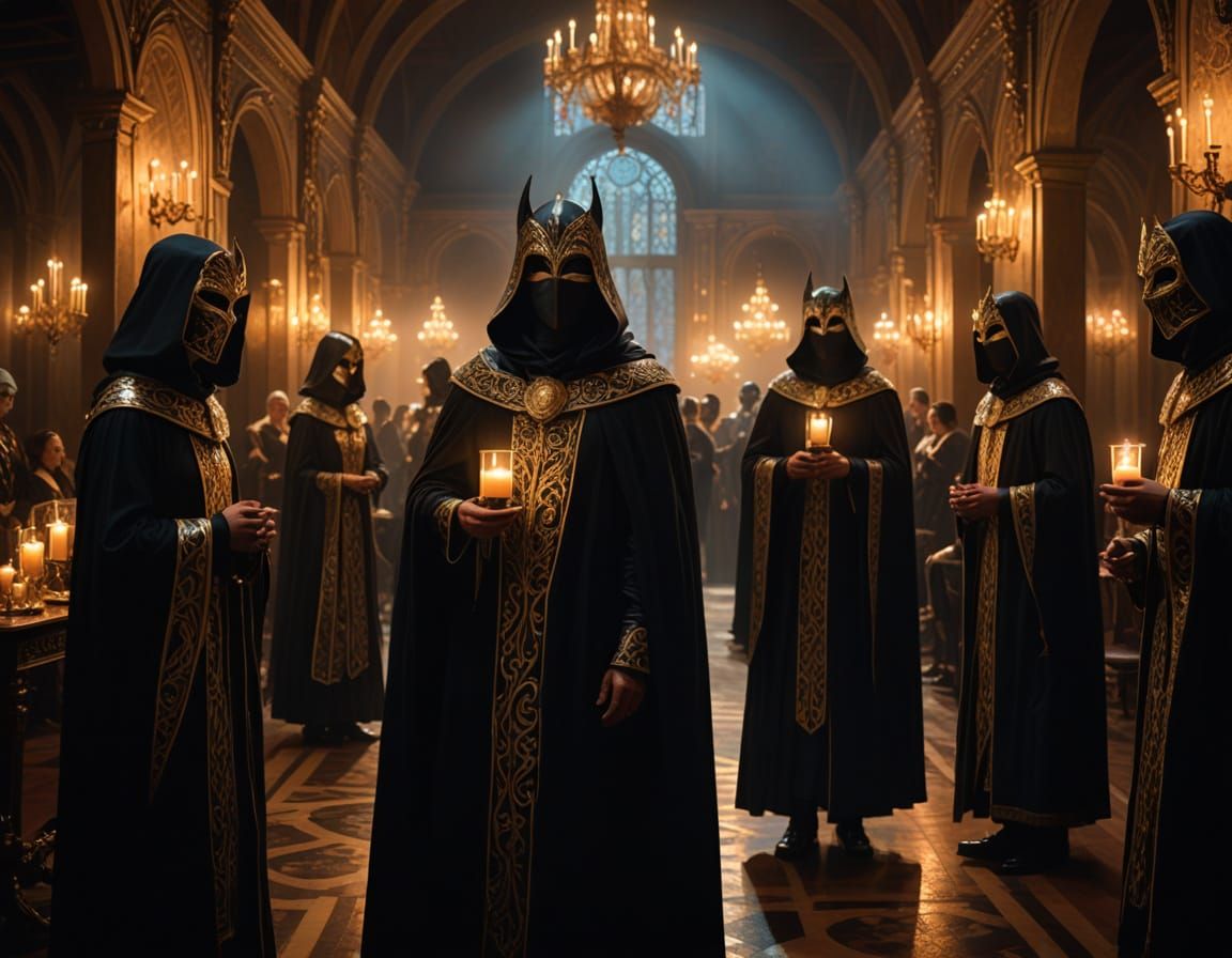 Masked Guild Identity Exchange Ritual, Fantasy Illustration