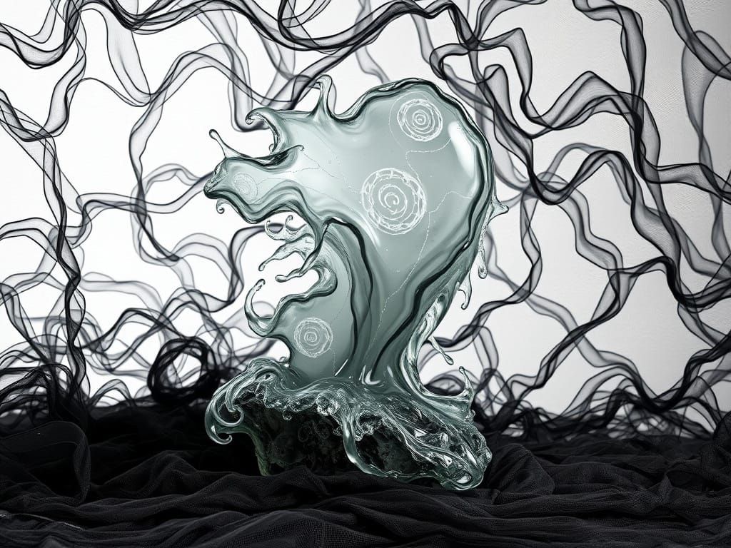 Abstract Glass Sculpture with Jagged Molten Flow and Delicat...