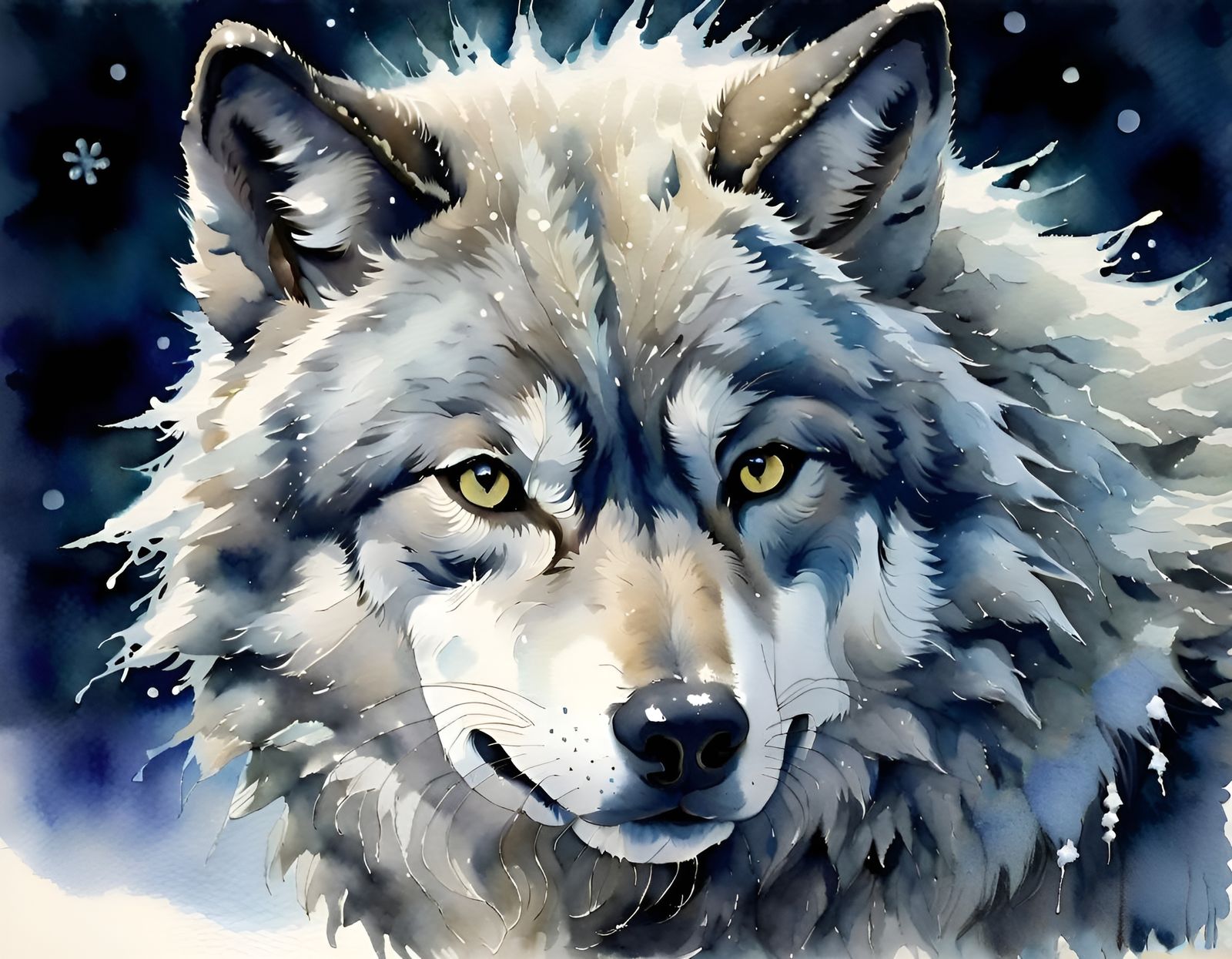 Ethereal Watercolor Wolf Portrait in Snowy Night