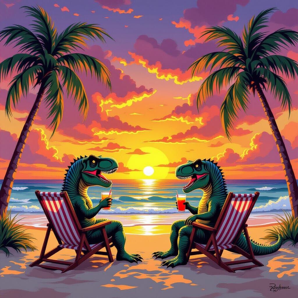 T-Rexes Relaxing on a Jurassic Beach at Sunset