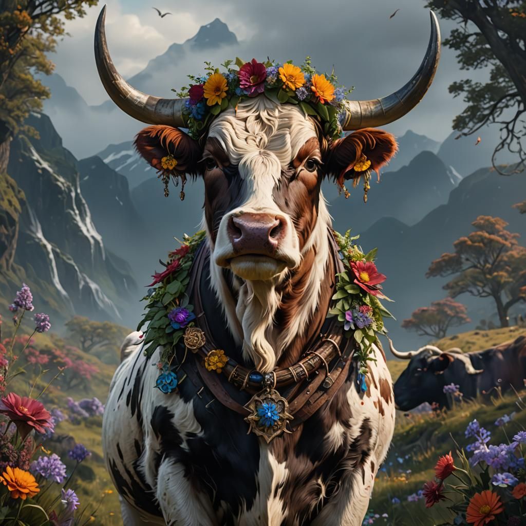 Highland Cow with Floral Wreath: Fantasy Art
