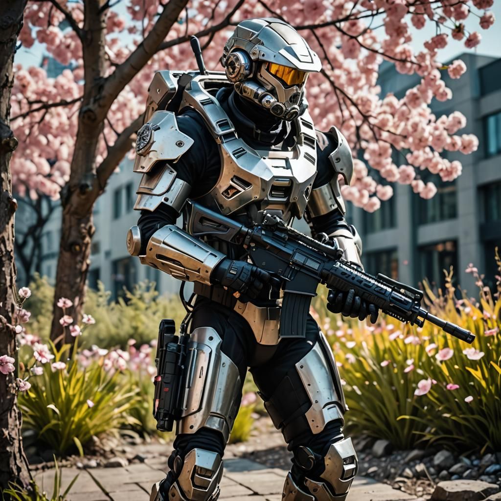 Exoskeleton Armored Soldier with Rifle in Bloom