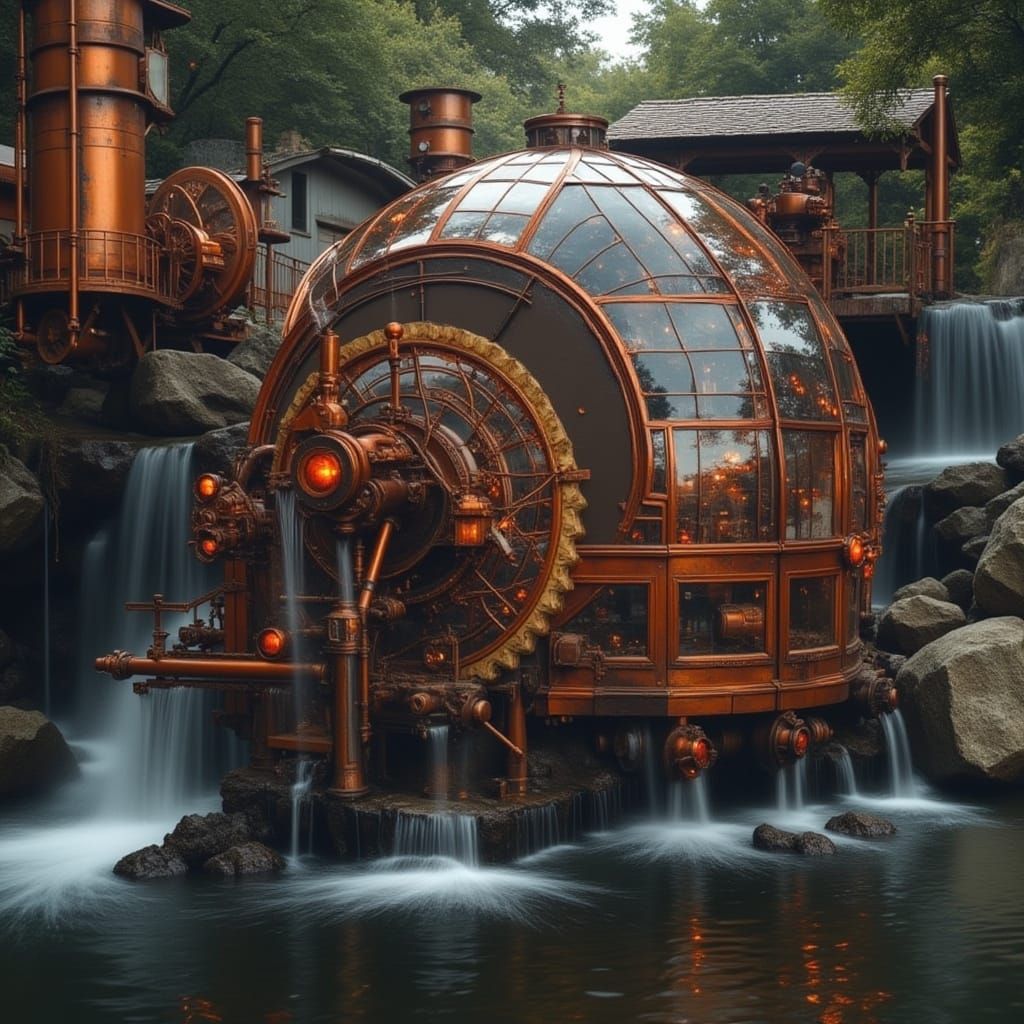 Solarpunk Steampunk Water Works in Cinematic Double Exposure