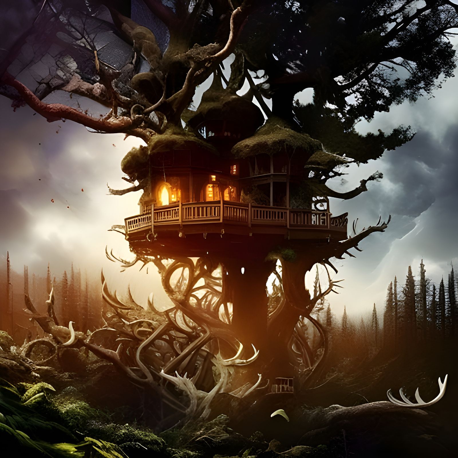 Nightmare Treehouse Under Blood Sky
