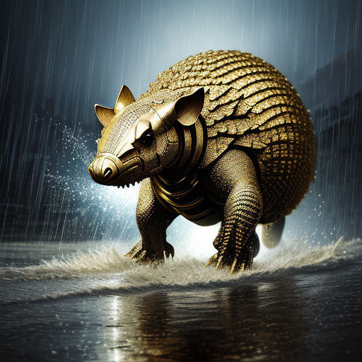 Golden Armadillo Runs Under Torrential Rain in Anime Art