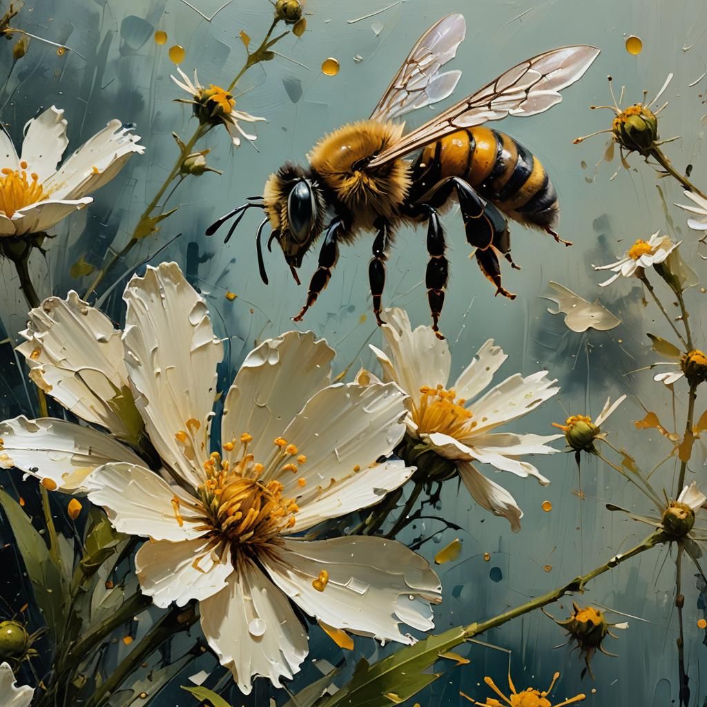 Impasto Flower with Bee in Dramatic Lighting