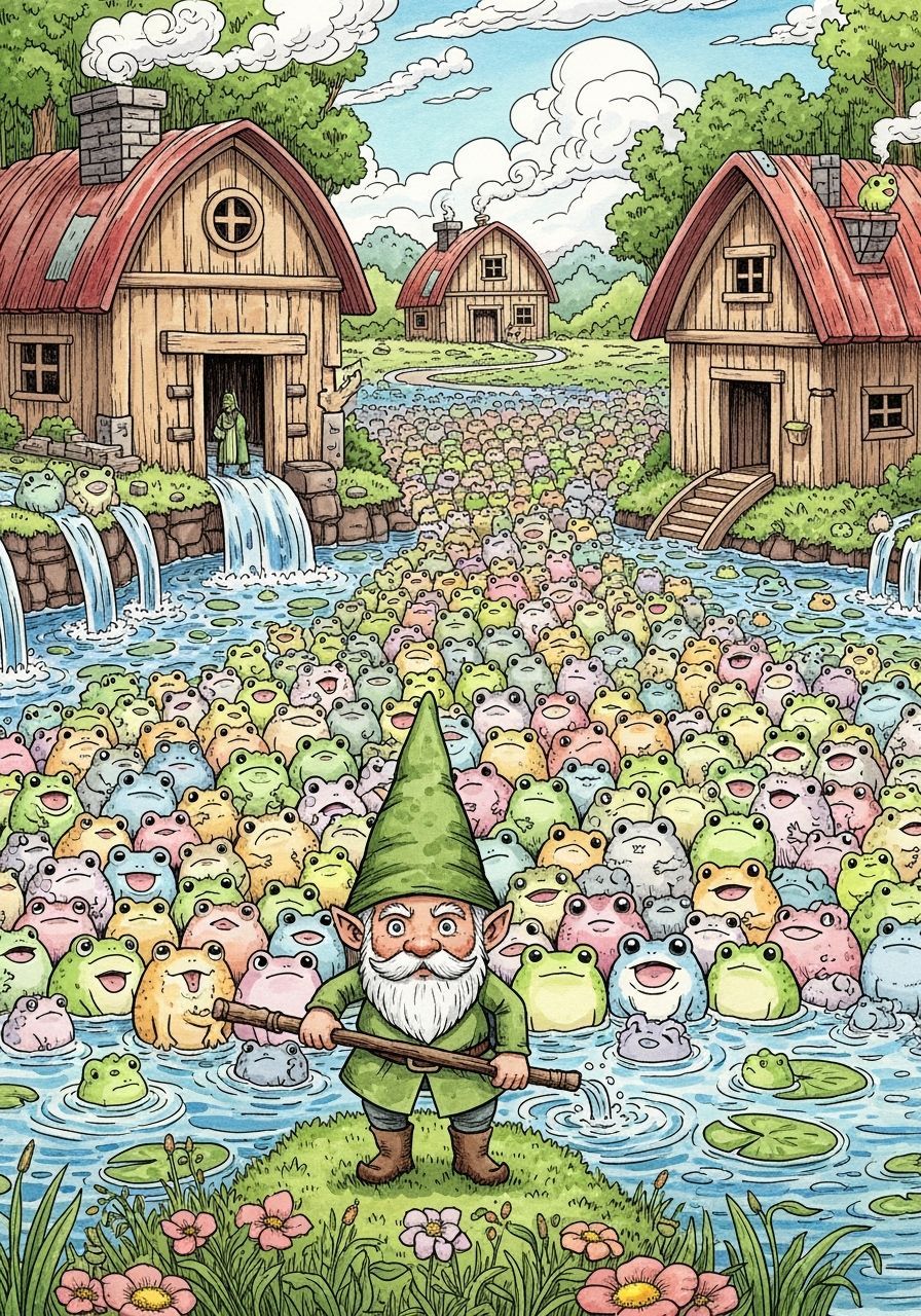 Gnome Shepherd With Huge Frog Horde, Fantasy Art