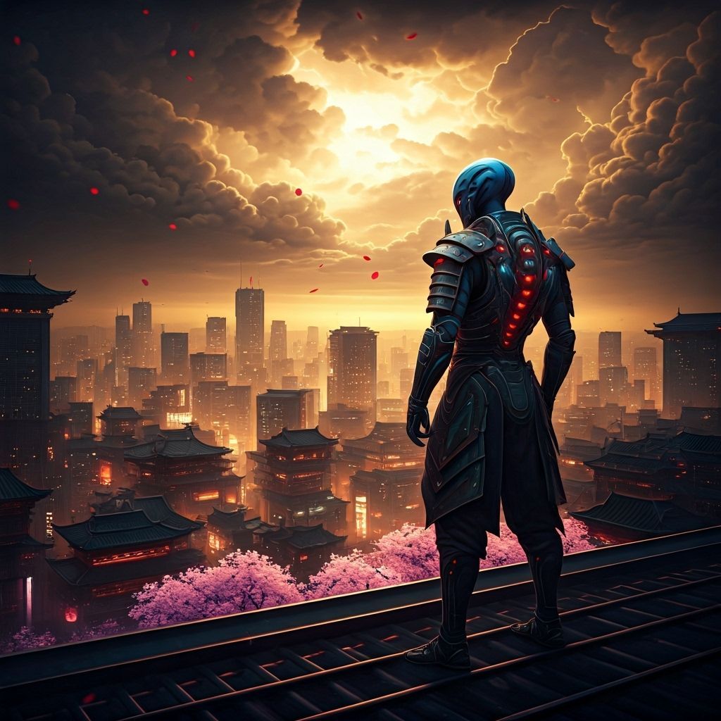 Cyberpunk Alien Warrior Overlooking Neon Cityscape