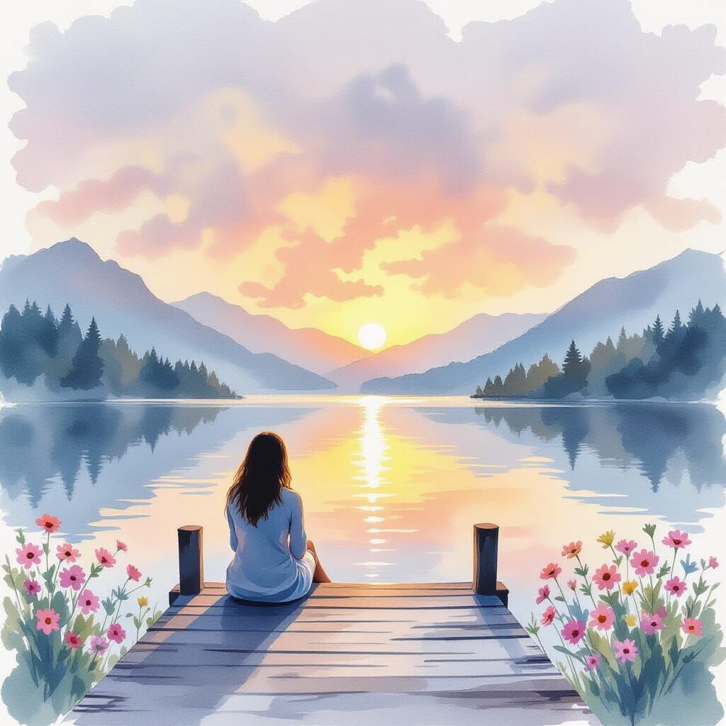 Woman Meditating at Sunrise in Watercolor Style