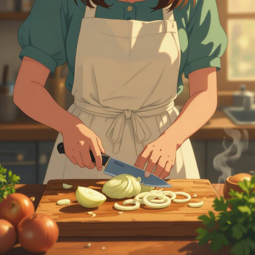 Anime Girl Cutting Onion in Ghibli Pixar Fusion Style