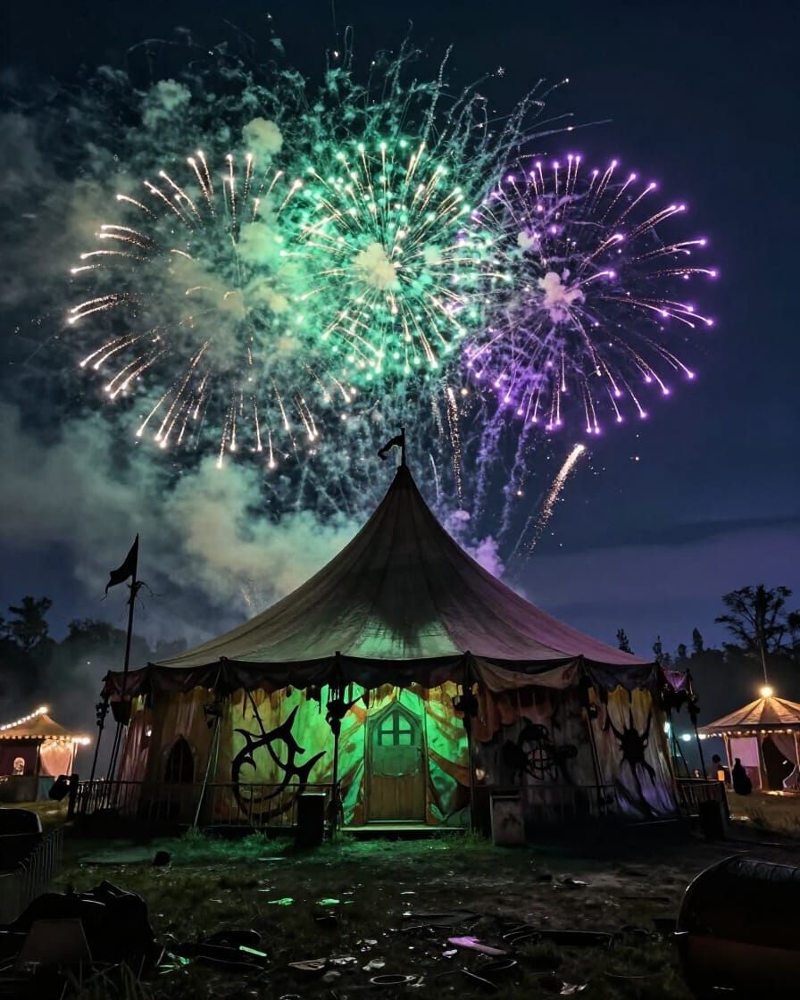 Gothic Carnival at Dusk with Surreal Fireworks