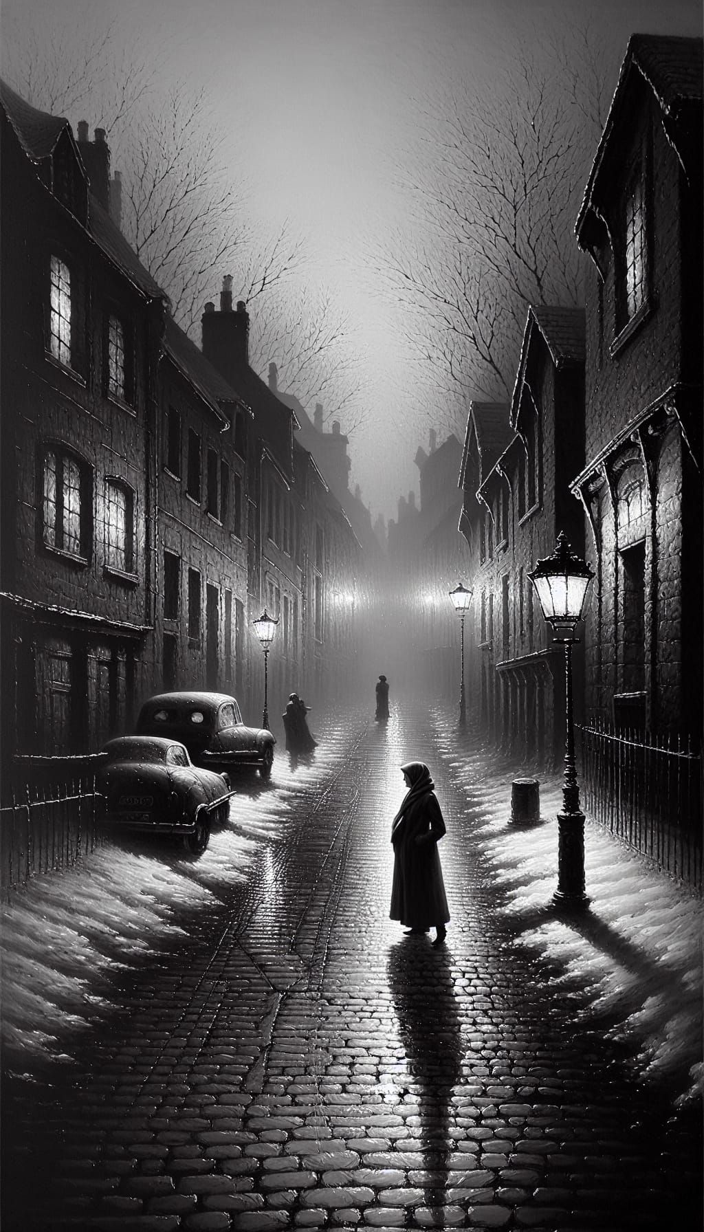 Art Noir: Woman on Icy Cobbled Lane at Night