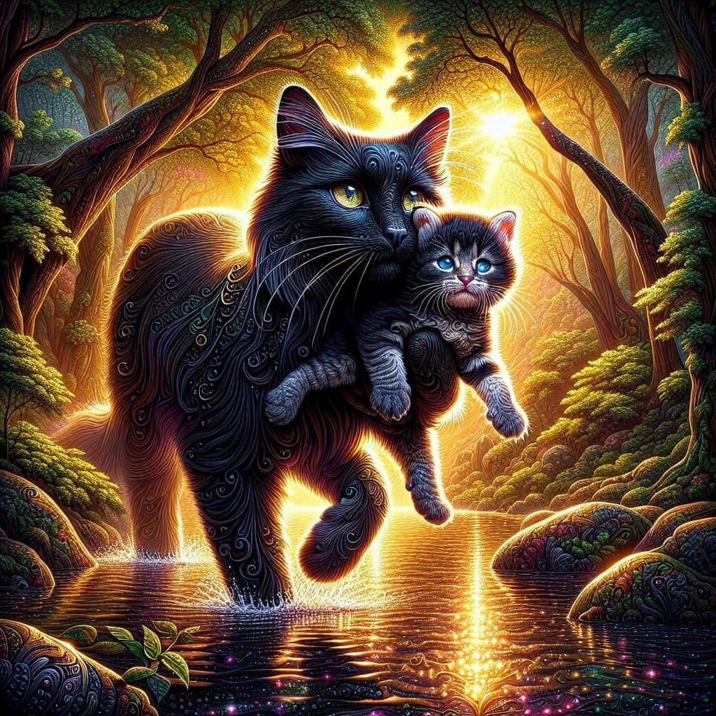 Mother Cat Carries Kitten in Lush Forest Diorama