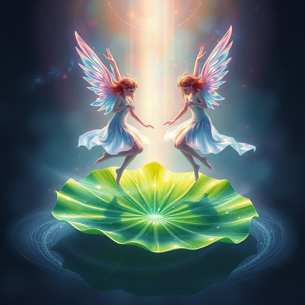 Ethereal Water Nymphs Dancing on Cosmic Leaf