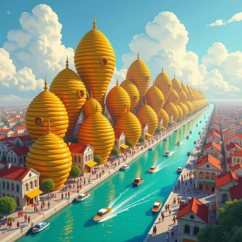 Futurist Beehive Embankment in Candy Art Style